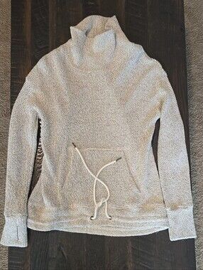 Light Cream Turtleneck Knit Pullover with Front Drawstring Pocket